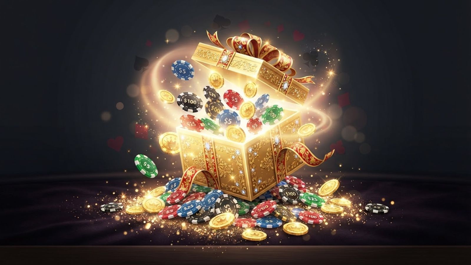 Golden gift box with casino chips on a dark background