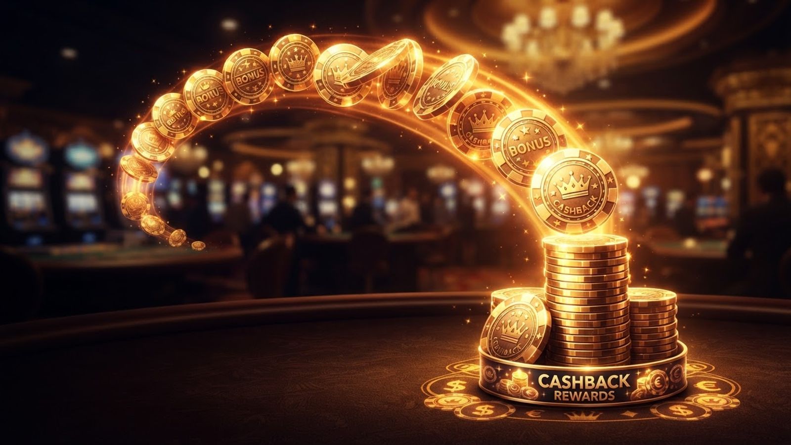Golden coins stacking in an arc on a dark background
