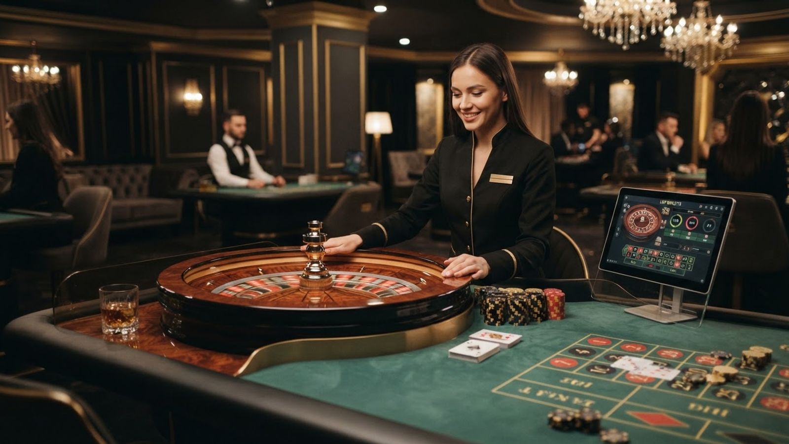 Roulette wheel and casino chips in soft golden light